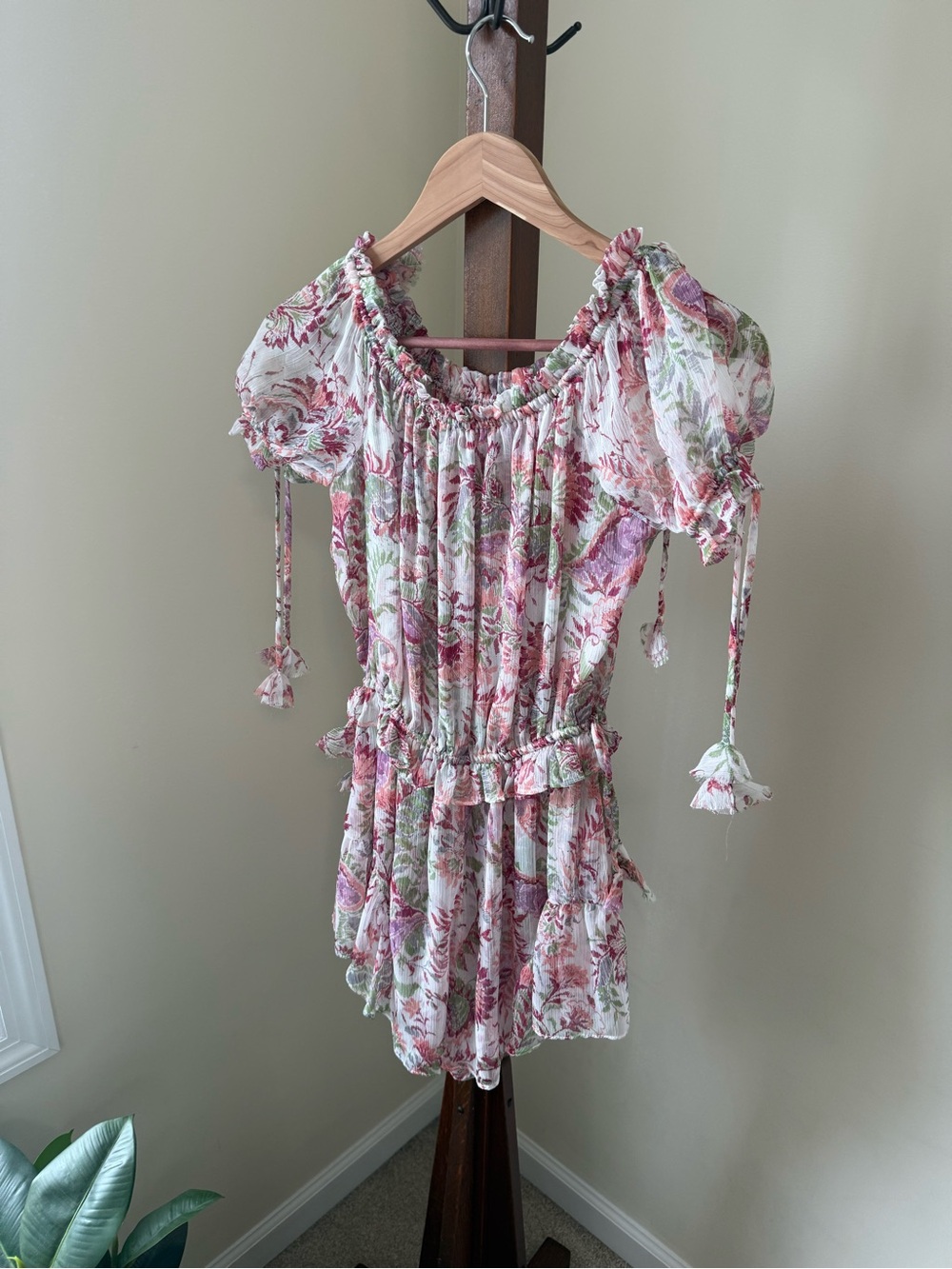 Misa Los Angeles Floral Off-Shoulder Top in White, Pink and Green